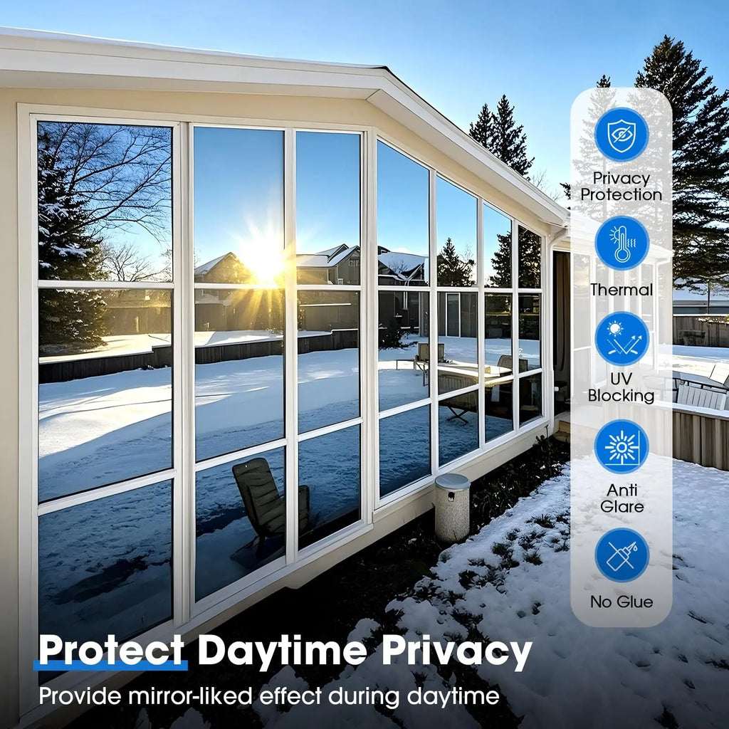 One-Way Privacy Window Film, Reflective Insulation Mirror Surface, Static Adhesive, UV Protection, Daytime Indoor Privacy, Silver Color, Window Privacy Films