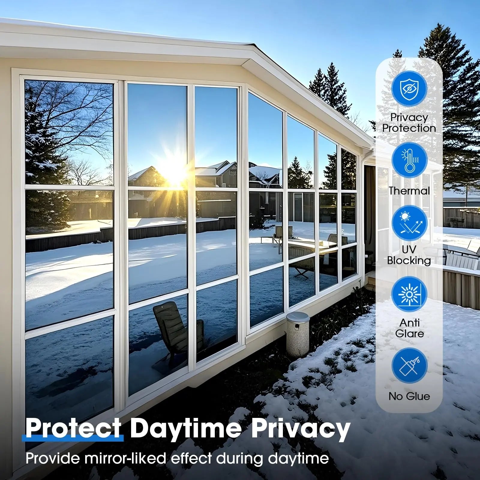 One-Way Privacy Window Film, Reflective Insulation Mirror Surface, Static Adhesive, UV Protection, Daytime Indoor Privacy, Silver Color, Window Privacy Films