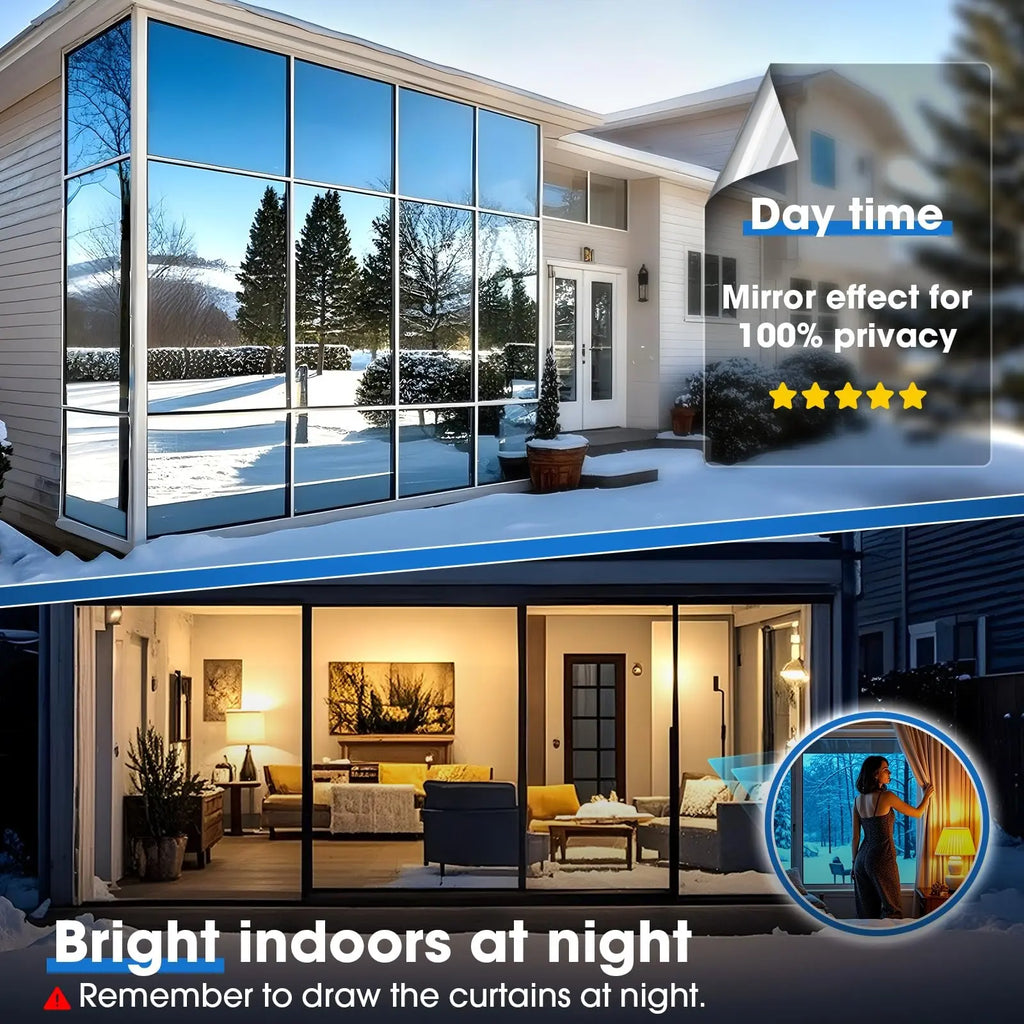 One-Way Privacy Window Film, Reflective Insulation Mirror Surface, Static Adhesive, UV Protection, Daytime Indoor Privacy, Silver Color, Window Privacy Films