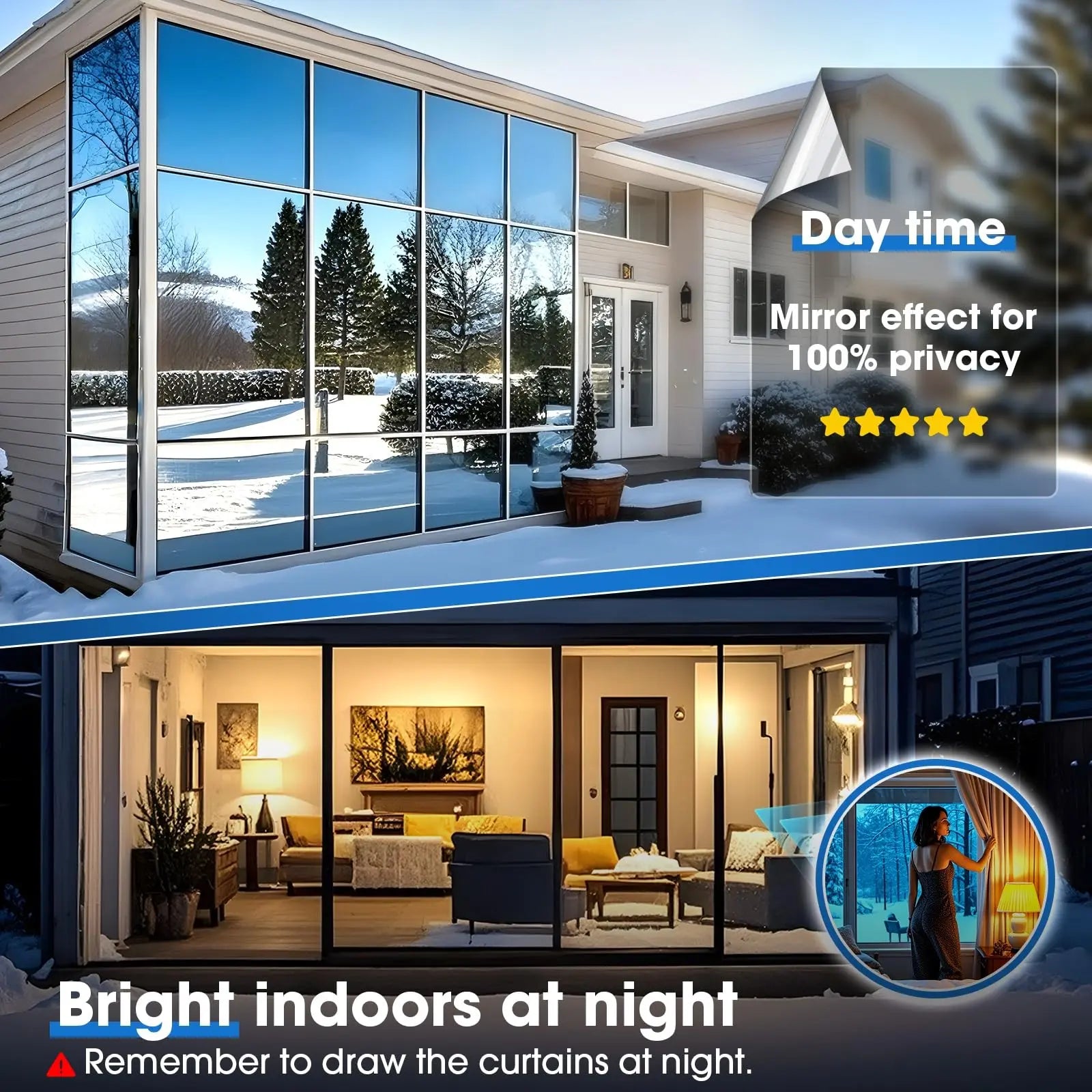 One-Way Privacy Window Film, Reflective Insulation Mirror Surface, Static Adhesive, UV Protection, Daytime Indoor Privacy, Silver Color, Window Privacy Films